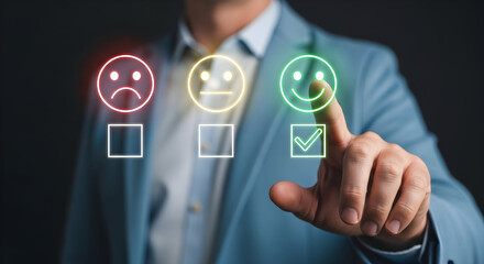 Businessman Selecting Positive Customer Feedback Using Digital Emojis