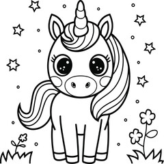 A delightful illustration of a cute unicorn with big, expressive eyes, surrounded by stars and flowers.