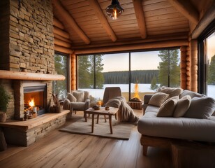 Fototapeta premium cozy cabin living room with fireplace and rustic decor