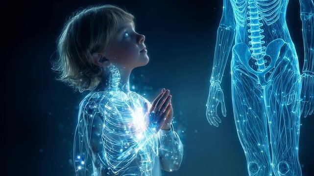 Medical visualization depicting pediatric patient praying, revealing glowing skeletal structure and progressively emerging transparent human anatomy against dark background