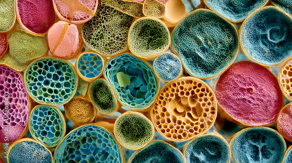 Poster colorful microscopic view of cellular structures showcasing vibrant patterns and textures.