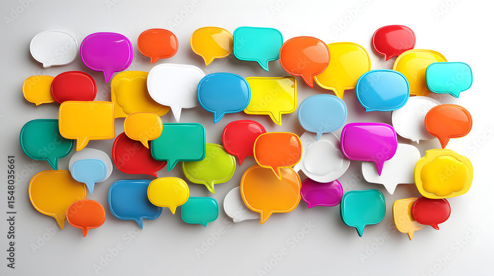 Poster colorful speech bubbles in various shapes and sizes create a vibrant and dynamic background.