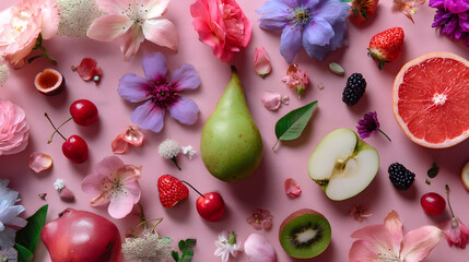 A vibrant flat lay of colorful fruits and flowers on a pink background, showcasing nature's beauty and variety.