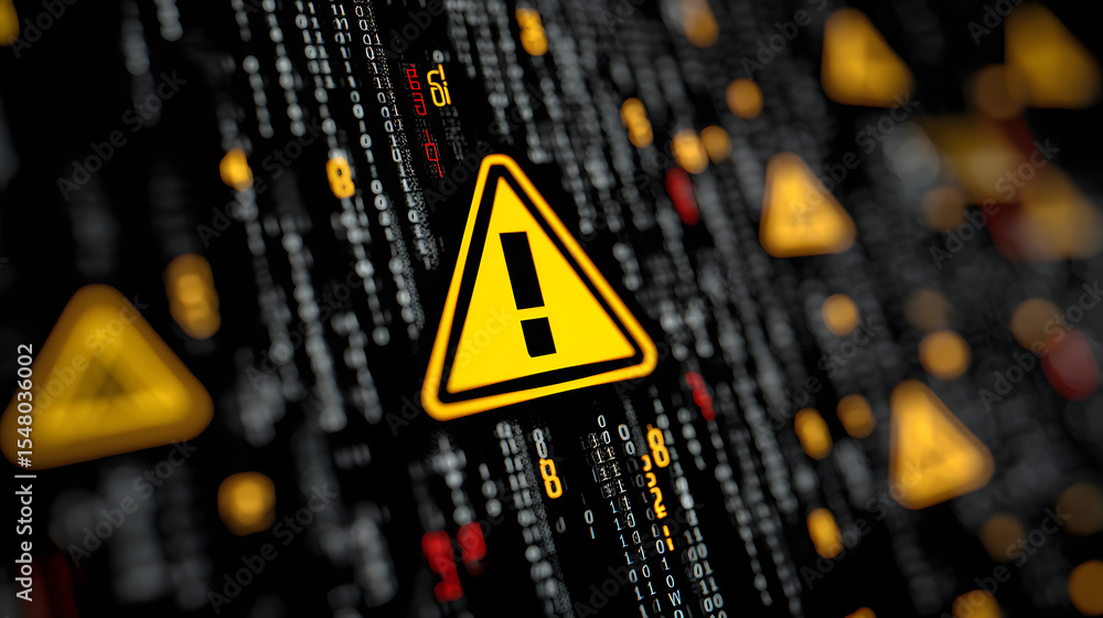 Poster a striking warning sign illuminated against a dark, binary-coded background, suggesting urgency and 