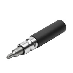 Sleek, modern magnetic bit holder of brushed chrome metal with black rubberized grip, subtly holding a silver Phillips head bit, isolated on a pristine transparent studio background, concept of