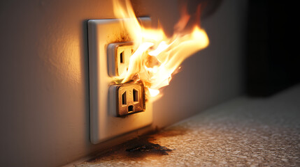 A close-up of an electrical outlet catching fire, showcasing flames and smoke in a tense and dangerous situation.
