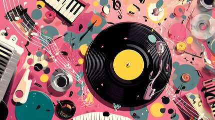 Vibrant musical art featuring vinyl records, keyboard, and colorful elements creating a joyful atmosphere.