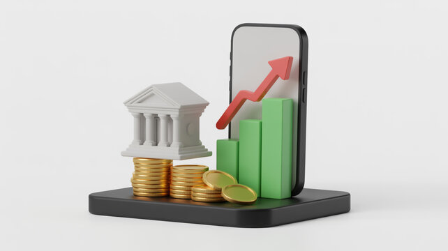 A 3D rendering of a modern financial concept with a smartphone displaying a green upward-trending bar graph and red line graph on its screen - Powered by Adobe