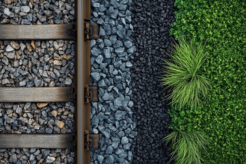 Close-up of two railway tracks in different directions, top view, with grass on the right side of one track