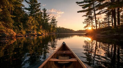 Sunset canoeing on calm lake surrounded by pine trees and rocky shores