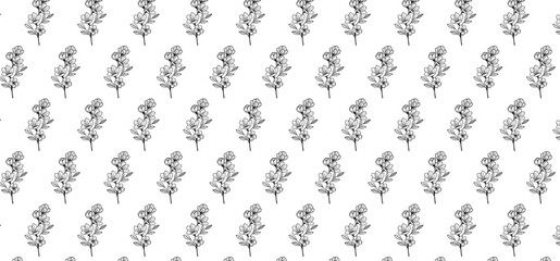 Hand Drawing Floral Seamless Pattern - Black and white base grid pattern with flower outline style