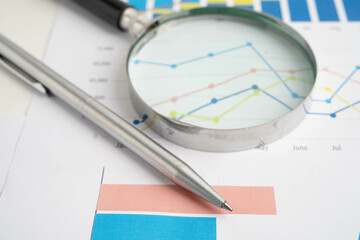 Magnifying glass on charts graphs paper. Financial development, Banking Account, Statistic,...