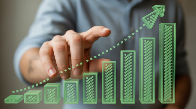 A close-up photograph of a hand interacting with a holographic green 3D bar graph visualization. - Powered by Adobe