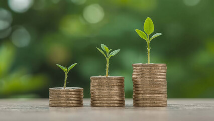 Seedlings grow with business growth arrows. Concept of business growth, development and success. Young plants on a pile of coins grow. Growing money, finance and investment.