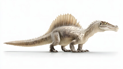 Fototapeta premium A realistic Spinosaurus model showcasing its distinctive sail-like ridge and powerful build against a neutral background.