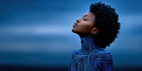 Empowered woman with a circuit board design emerging from her silhouette demonstrating the fusion of technology and humanity, highlighting themes of innovation and identity in a digital age