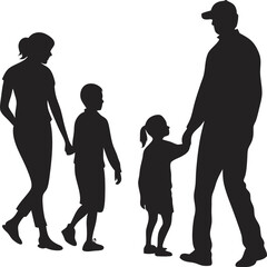 Family Silhouette Walking Together: A silhouetted image of a family strolling together. Reflecting the bond of togetherness. Father holding his child's hand. A tender image of togetherness.