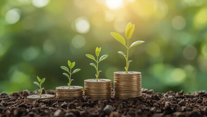 Seedlings grow with business growth arrows. Concept of business growth, development and success. Young plants on a pile of coins grow. Growing money, finance and investment.