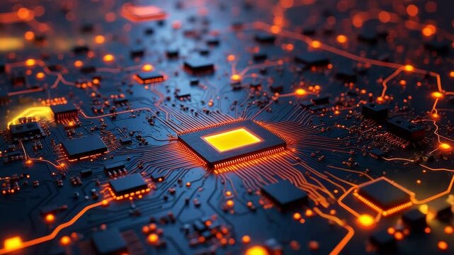 Electric Currents Flowing Through a Circuit Board with Neon Glow for Technology Blogs, Electronics Websites, Computer Science Articles, and Digital Innovation Content  