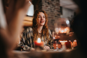 A cheerful young woman, surrounded by candlelight and wine glasses, enjoys an intimate and warm...
