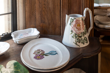 London, UK, 12 May 2025, Liberty shop. Beautiful floral porcelain tableware and pitcher.