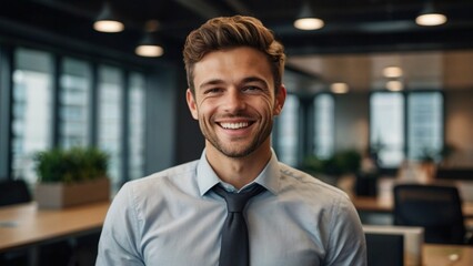 Obraz premium Ultra-realistic photo of a confident young businessman smiling in a modern office environment, professional attire, shallow depth of field, 4K, high detail lighting, editorial style.