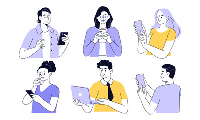 Obraz na płótnie Canvas People with devices set. Female and male characters use smartphone, laptop, surfing the internet, browsing in social media. Business doodle concept. Vector illustration.