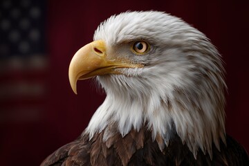 Fototapeta premium A Bald Eagle Staring Intently with National Pride in the Background