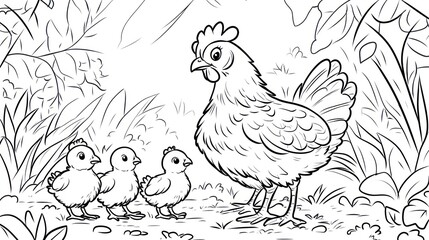 Hen with chicks in a garden, nature background. Coloring book illustration for children's activity