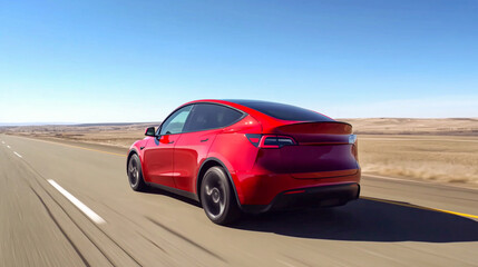 Obraz premium Dynamic Action Shot of a Red Car in Motion on an Open Highway During Daylight in a Scenic Landscape