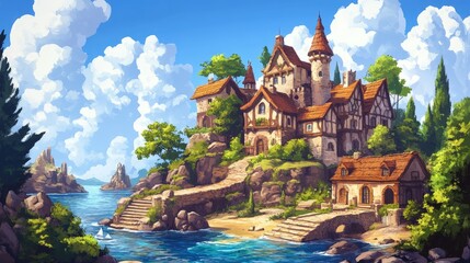 A picturesque coastal village nestled on a rocky outcrop.