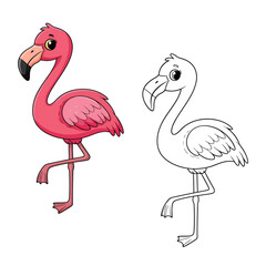 Whimsical Flamingo Duo: A Colorful Cartoon and Outline Illustration for Creative Projects