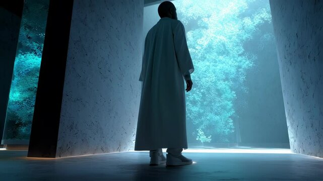 Medical scientist wearing lab coat observing glowing turquoise trees through a futuristic portal in a concrete hallway, visualizing a medical science breakthrough