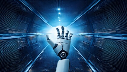 futuristic robotic arm with embedded digital eyes in a tunnel