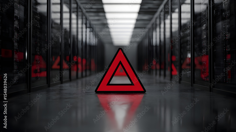 Poster a striking red triangular warning sign in a high-tech server room, emphasizing caution amidst sleek,