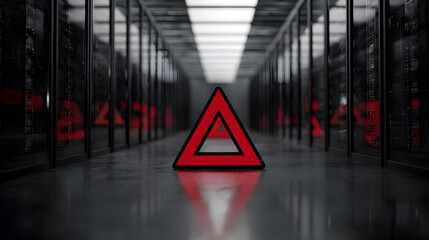 A striking red triangular warning sign in a high-tech server room, emphasizing caution amidst sleek, dark server racks.