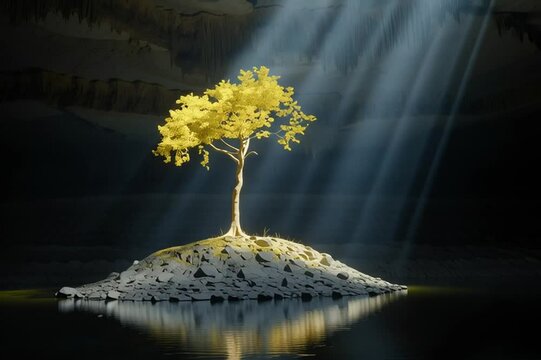 Tree on an island inside a cave