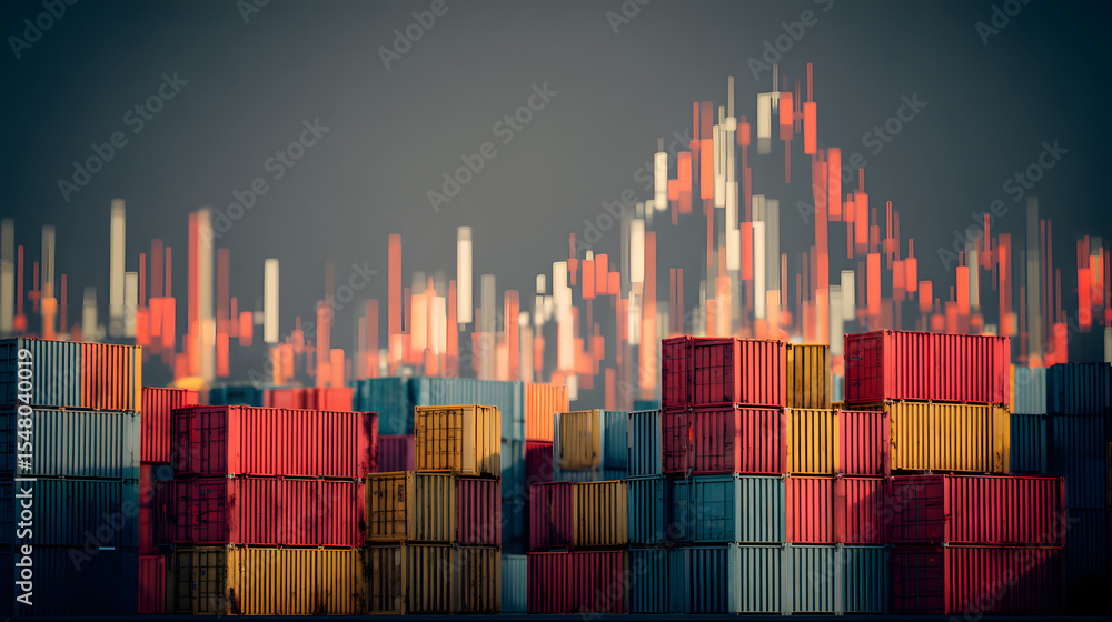 Aufkleber colorful shipping containers in the foreground with a dynamic background of abstract market data vis