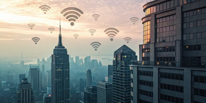 A city skyline at sunset with Wi-Fi icons floating above buildings, symbolizing urban connectivity and wireless communication.