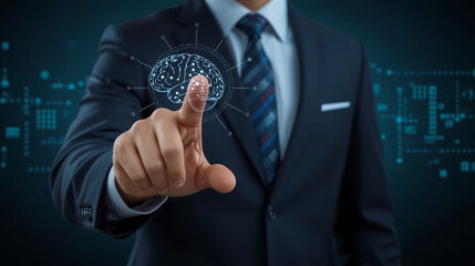 Businessman hand pointing data of brain digital. Artificial intelligence technology. Machine Learning business concept.