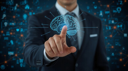 Businessman hand pointing data of brain digital. Artificial intelligence technology. Machine Learning business concept.