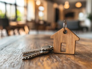 House-shaped keychain and keys on a wooden table in a cafe setting