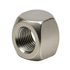 Polished stainless steel cap nut with intricate threading, perfectly symmetrical dome, isolated on a transparent studio background, zero shadows, macro lens effect, high-quality industrial design