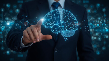 Businessman hand pointing data of brain digital. Artificial intelligence technology. Machine Learning business concept.