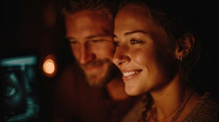 Husband and wife together, doctor performing ultrasound, warm lighting