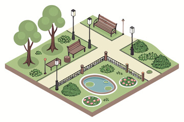 Isometric urban park design benches ponds and trees