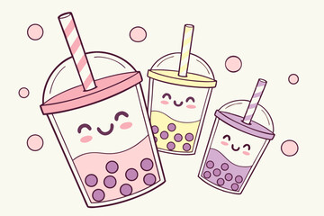 Kawaii boba tea cups with happy straws graphic set