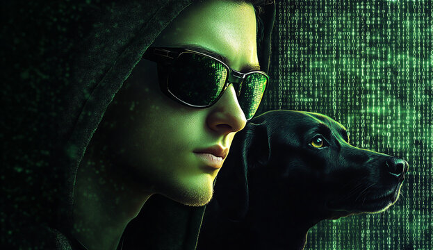A young man in sunglasses and a green hoodie with his black dog, against a background of matrix code, in the style of a movie poster
