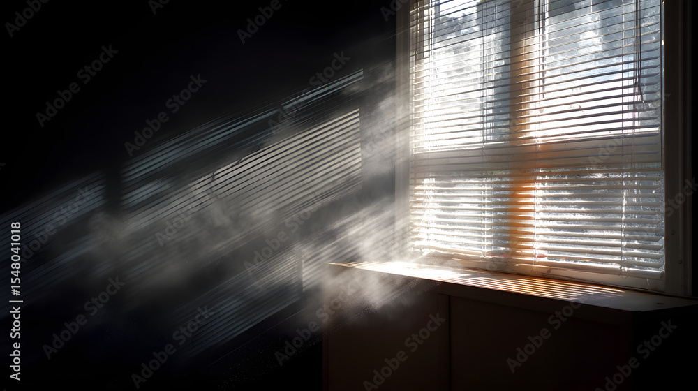 Aufkleber sunlight streams through a window, creating dramatic shadows and a misty ambiance in a serene room.