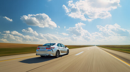 Car Journey on Open Highway Under Clear Blue Sky - Stunning Landscape Photography
